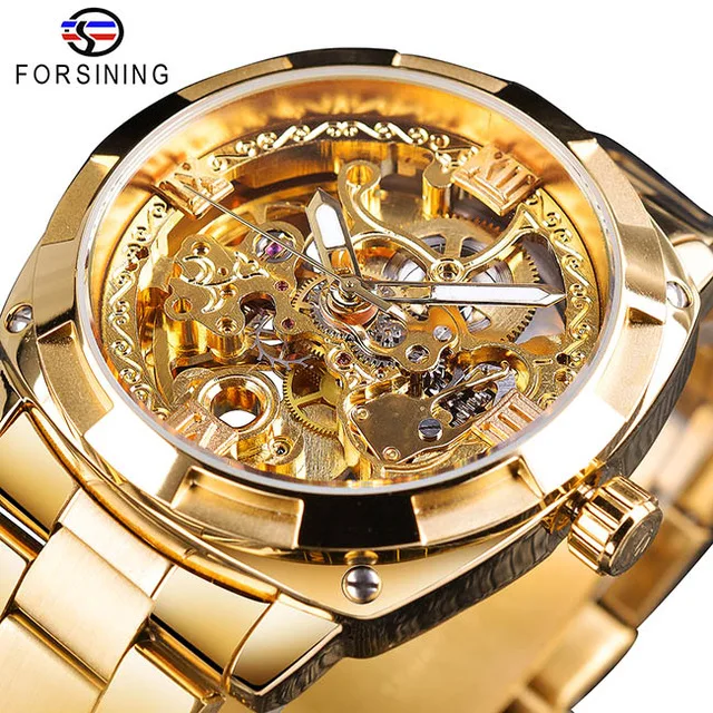 

Forsining Retro Men Brand Watch Stainless Steel Automatic Mechanical Luminous Hands Skeleton Fashion Watches Relogios Masculino, 5-colors