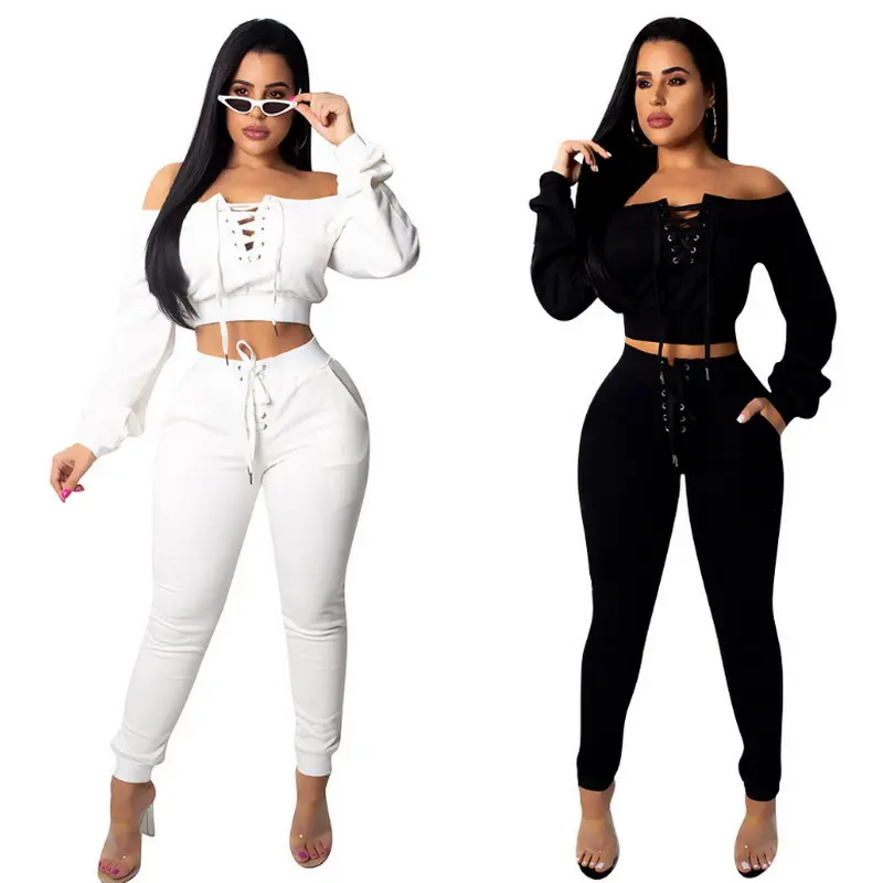

New Arrival Sexy Fashion Two Piece Solid Color Woman Set Strapless Long Sleeve Bandage High Waist Pant Elegant Apparel, As picture