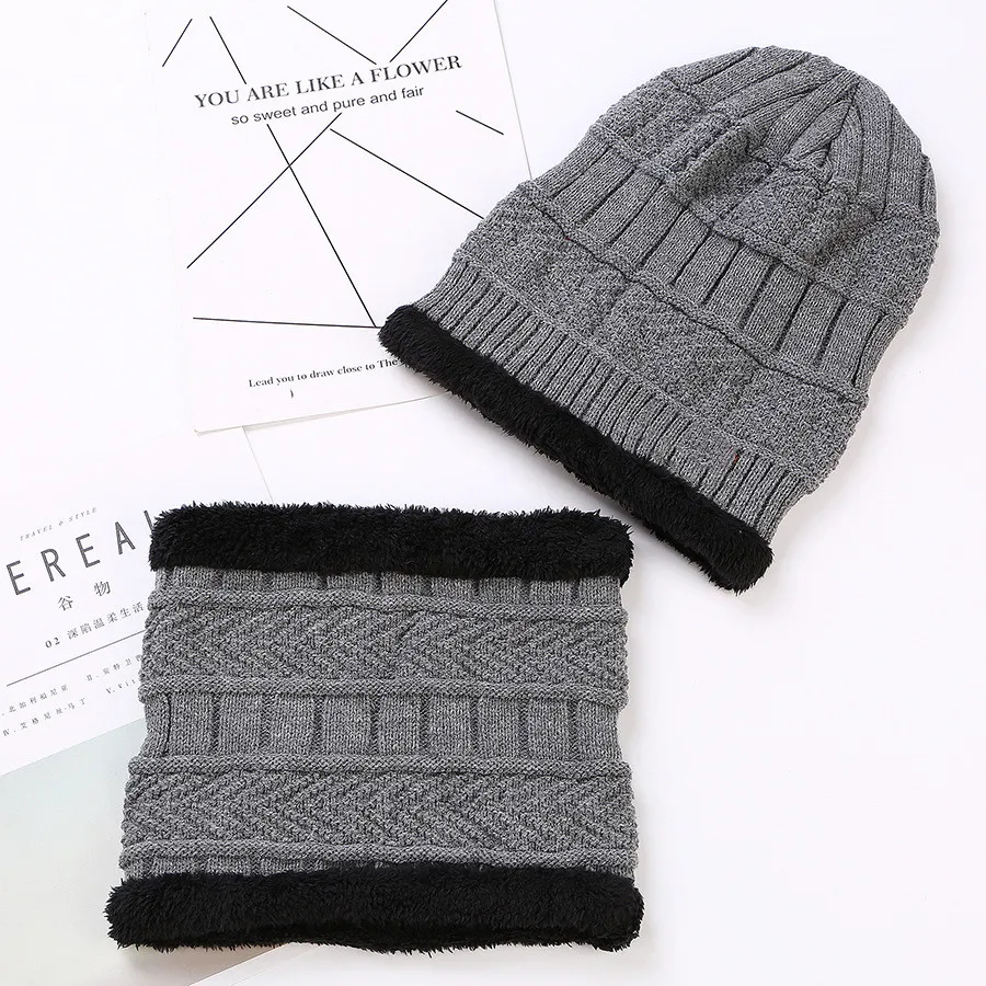 Winter Knitted Hat Scarf Set Warm Thicken Fleece Men Beanie Hat Scarf Set Solid Knit Windproof Outdoor Ski Cap Ring Scarf