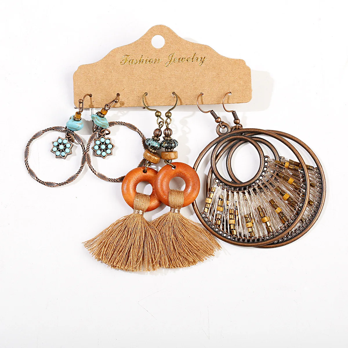 

3 Pairs/Set Amazon Hot Selling Combination Retro Alloy Ethnic Wings Circle Earrings Jewelry Wholesale, As the picture