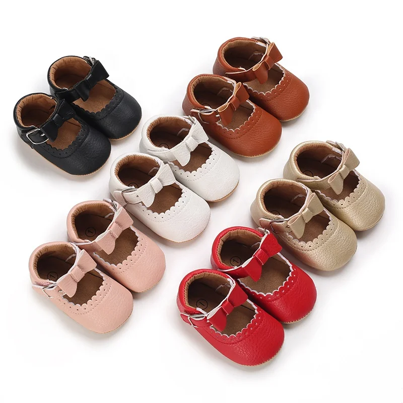 

Wholesale baby shoes 2022 new design bow leather baby shoes soft-sole casual shoes for baby girls 0-12M, Black/brown/gold/pink/red/white