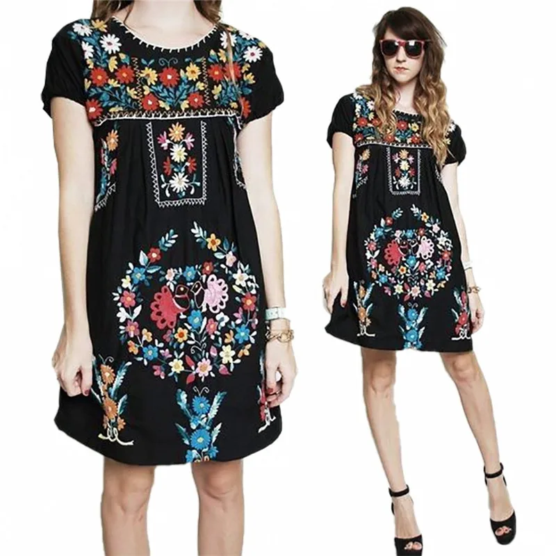 Summer Latest Mexican Embroidered Dress Women Ethnic Blouse Vintage ...