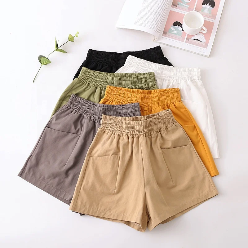 

B62987A 2020 new thin high-waisted wide legs casual loose slim pure cotton shorts, White/khaki/green/yellow/black