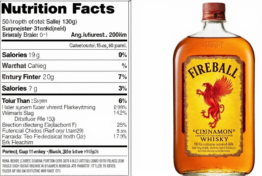 Close-up of Fireball Cinnamon Whisky bottle next to nutritional facts label showing sugar and calorie content