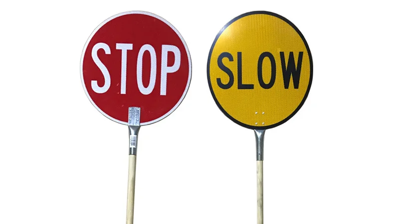 double-sided hand-held slow or stop warning signs with poles