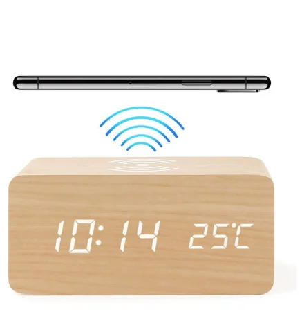 

2021 New High-End Led Voice-Activated Desktop Clock Digital Alarm Clock With Wooden wireless android time clocks