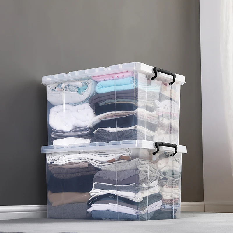 

45 liter home plastic file storage boxes & bins stackable clothing organizer pp durable storage with lid, Transparent