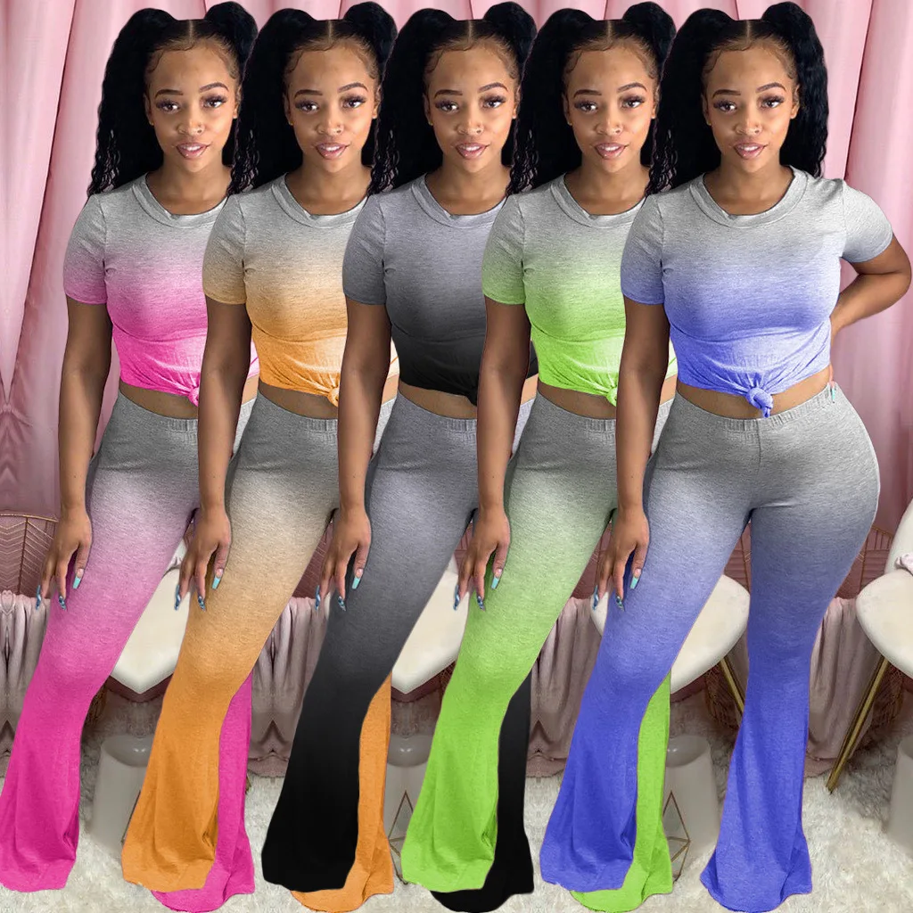 

Women Tracksuit Casual Gradient Color Short Sleeve Crop Tops Tee Flare Leggings Bell Bottom Pants Suit Joggerss Two Piece Set, Pink, orange, black, fluorescent green, blue