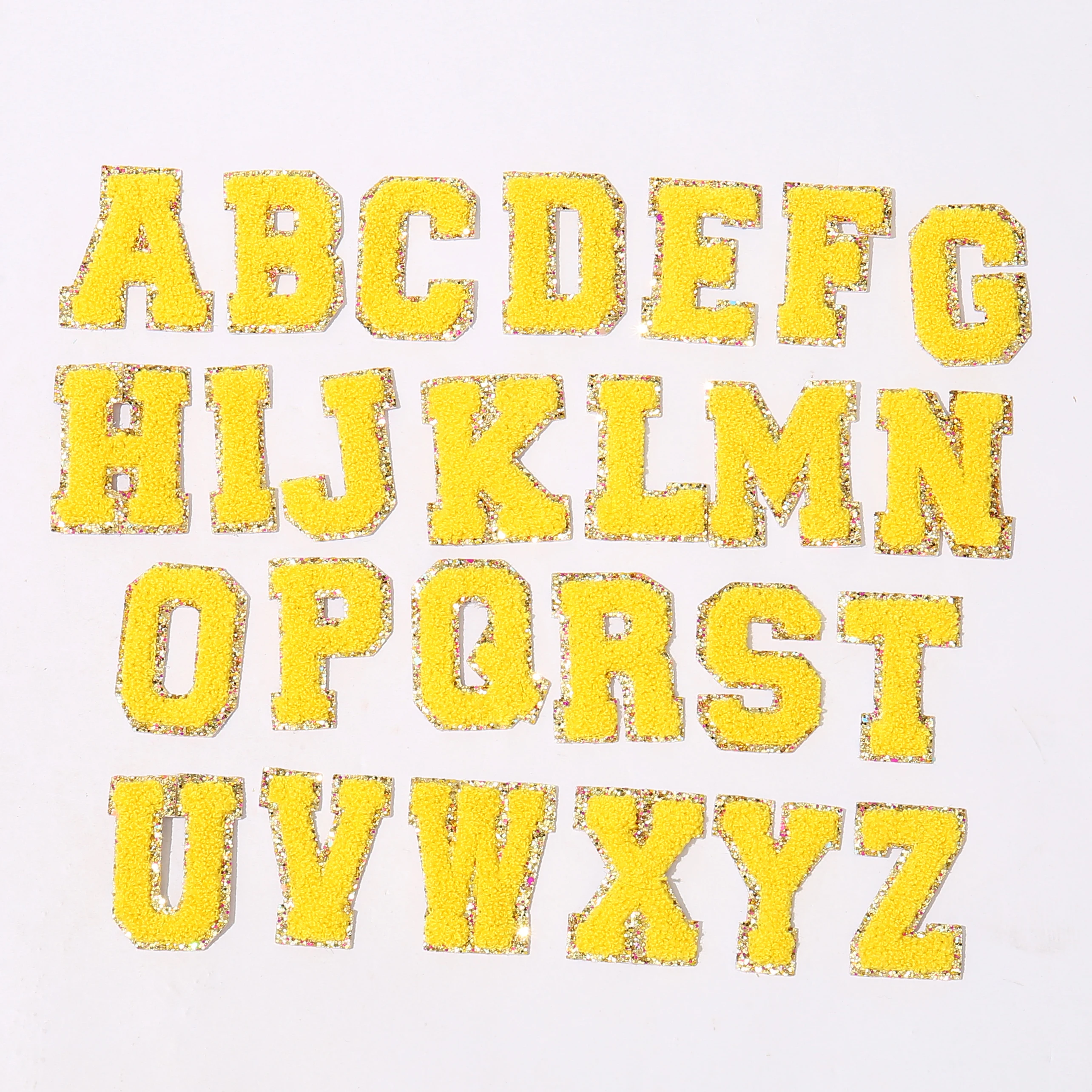 

Stock Yellow New Self Adhesive 3M Backing Multi Color Chenille Letter DIY Gift Clothing Bag Patches Custom Embroidery Alphabet