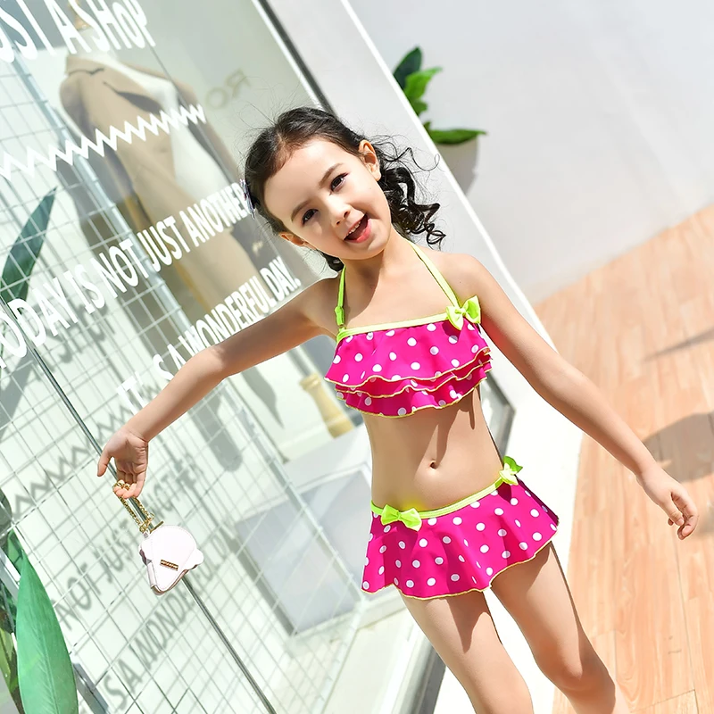 

Hot sales custom design Girl flounce bikini girls swimming suit 2pcs/set swimwear for kids, Shown