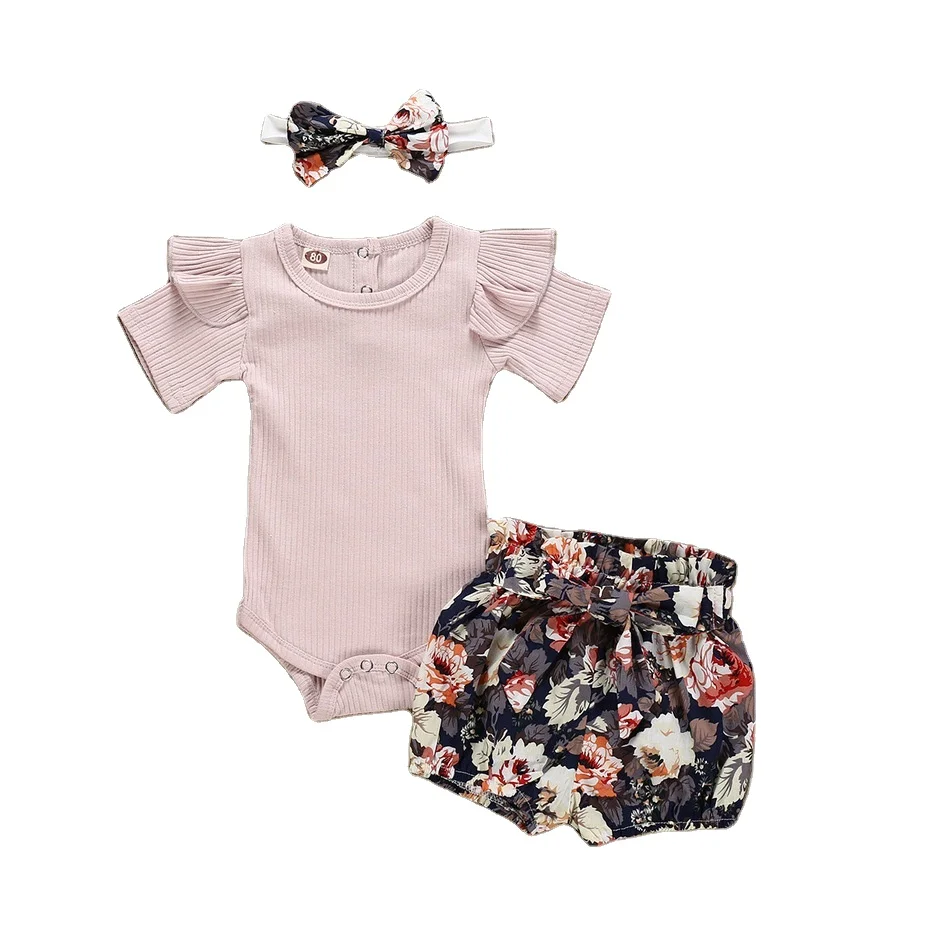 

Hot sale baby infant apricot tight jumpsuit floral romper set with headband, Picture shows