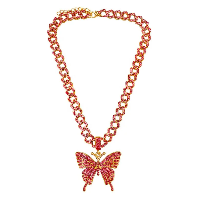 

Wholesale Ladies Fashion Silver Rose Gold Plated Crystal CZ Butterfly Cuban Chain Jewelry Long Butterfly Necklace, Picture shows