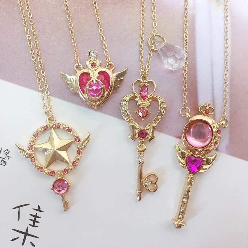 

Japanese Girl Sweet Cartoon Pendant Sakura Magic Wand Love Wings Crystal Choker Necklace Cute Key Necklaces for Women, Gold color