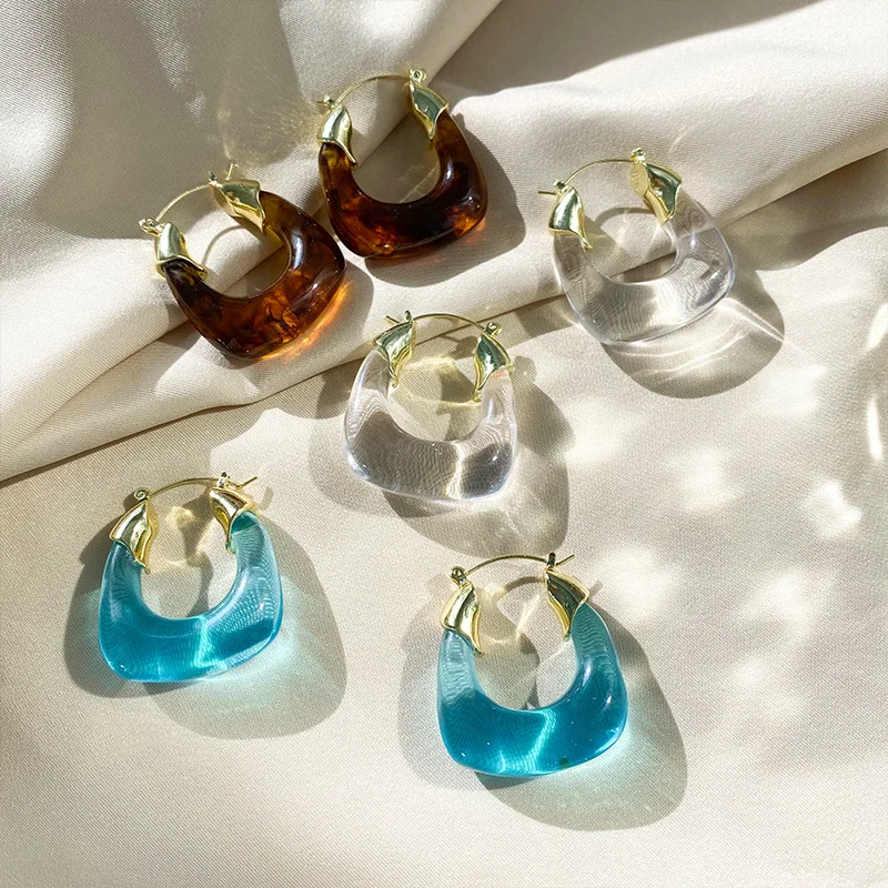 

Vintage Real Gold Plated Chunky Acrylic Earrings Amber Transparent Clear Resin Hoop Earrings For Women