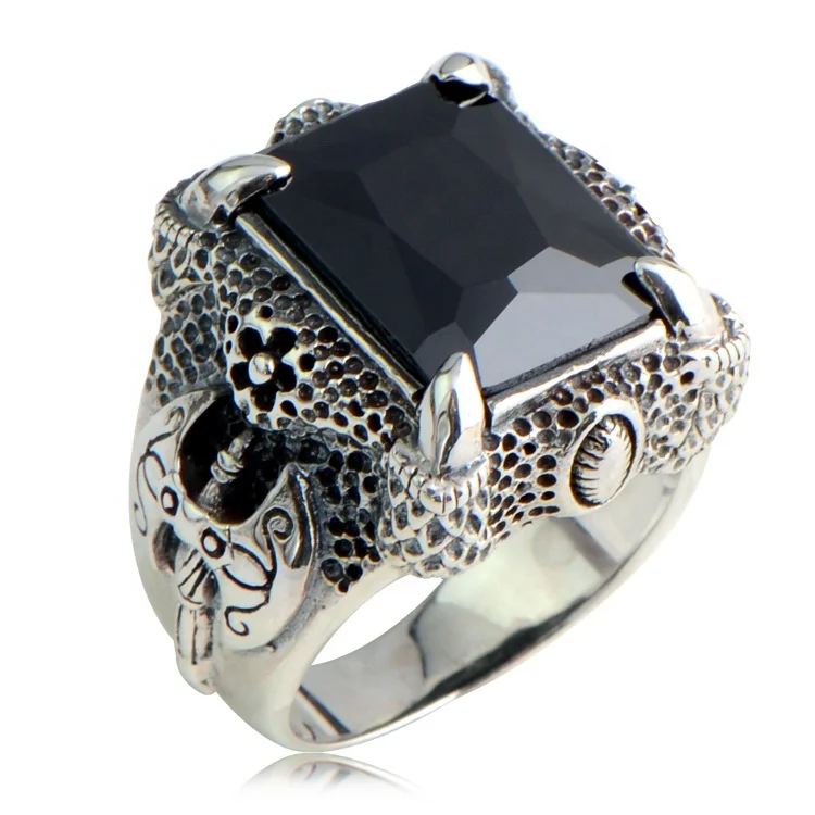 

ADELANTE Black Garnet Ring with Dragon Claws Shape Jewelry Diamond Ring 925 Silver Ring Men