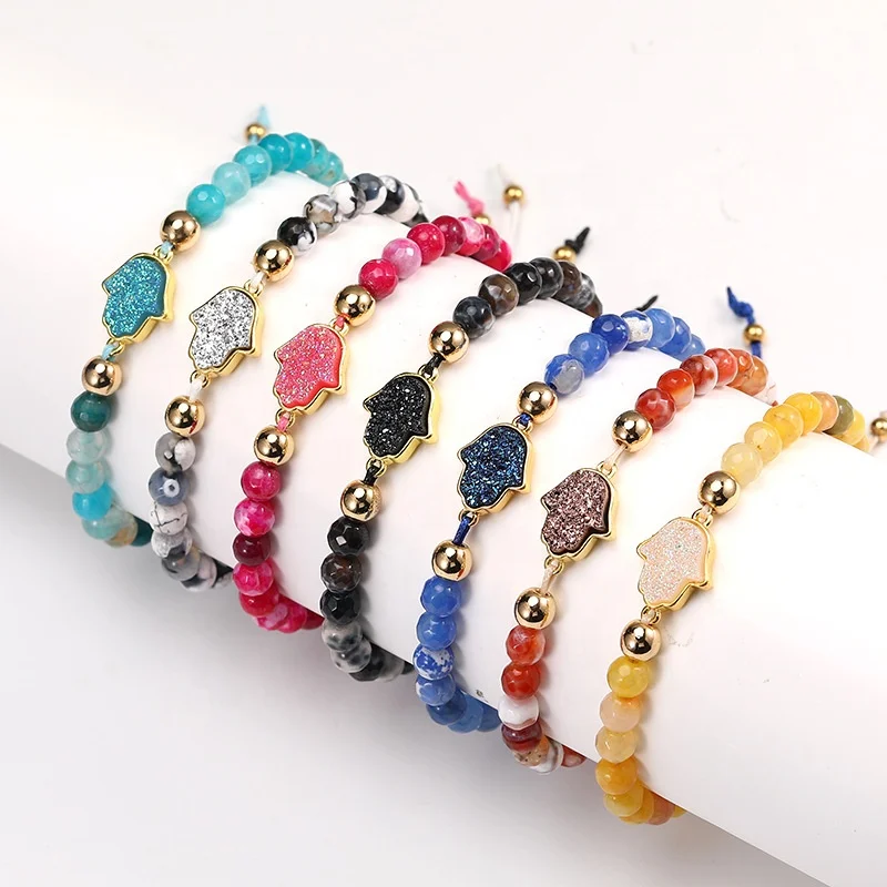 

Personalized Creative Beaded Woven Handmade Jewelry Colorful Palm Resin Imitations Stone Agate Jewelry Hand of Fatima Bracelet, As pictures