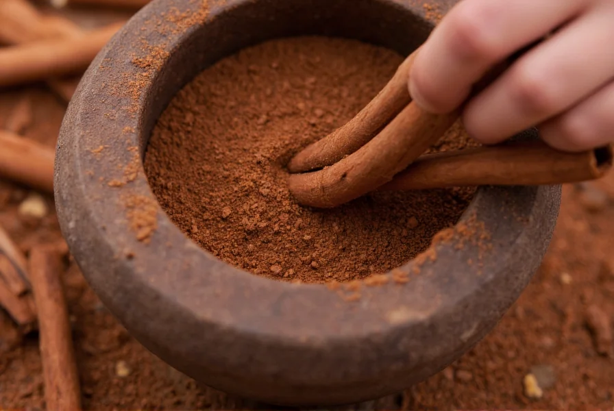 Canela cinnamon quills being ground in a traditional Mexican molinillo for authentic hot chocolate preparation