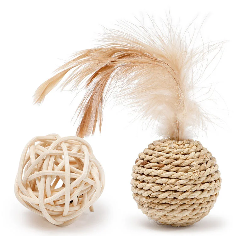 

Natural Wooden Cat Toy Wand Ball Feather With Bell Cat Toy Interactive Teaser Pet Cat Toy Set