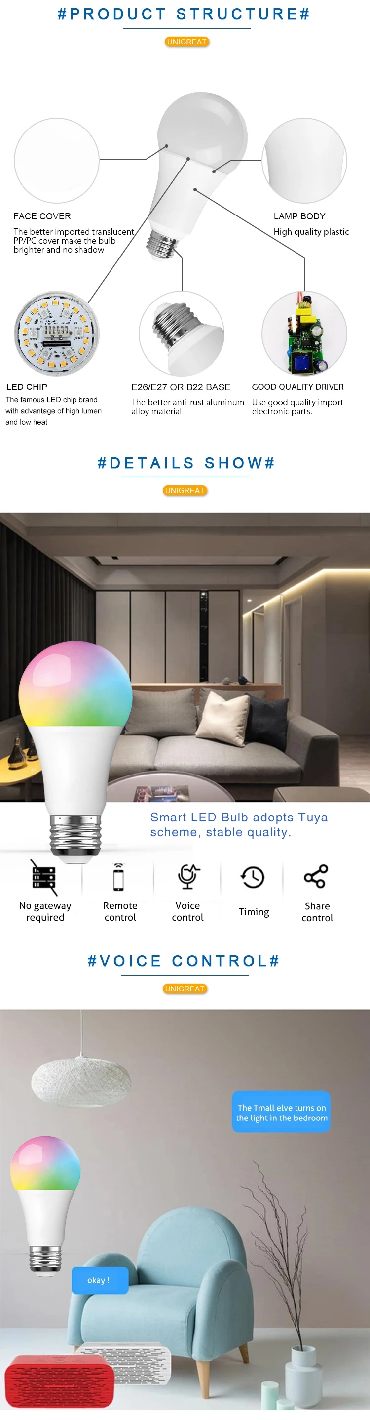 Wholesale Smart Wifi Bulb LED Light EU Standard Tuya APP Google Home Amazon Alexa 7W 9W RGB E27 Dimmable LED Lamp Smart Bulbs