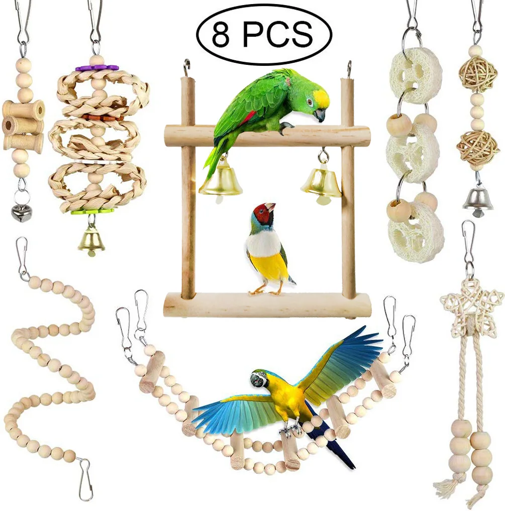 

Pets Bird Parrot Toys Play 8pcs Set for Cage Colorful Chewing Hanging Swing Toy Bells Ladder Swing for Small Parrots Macaws