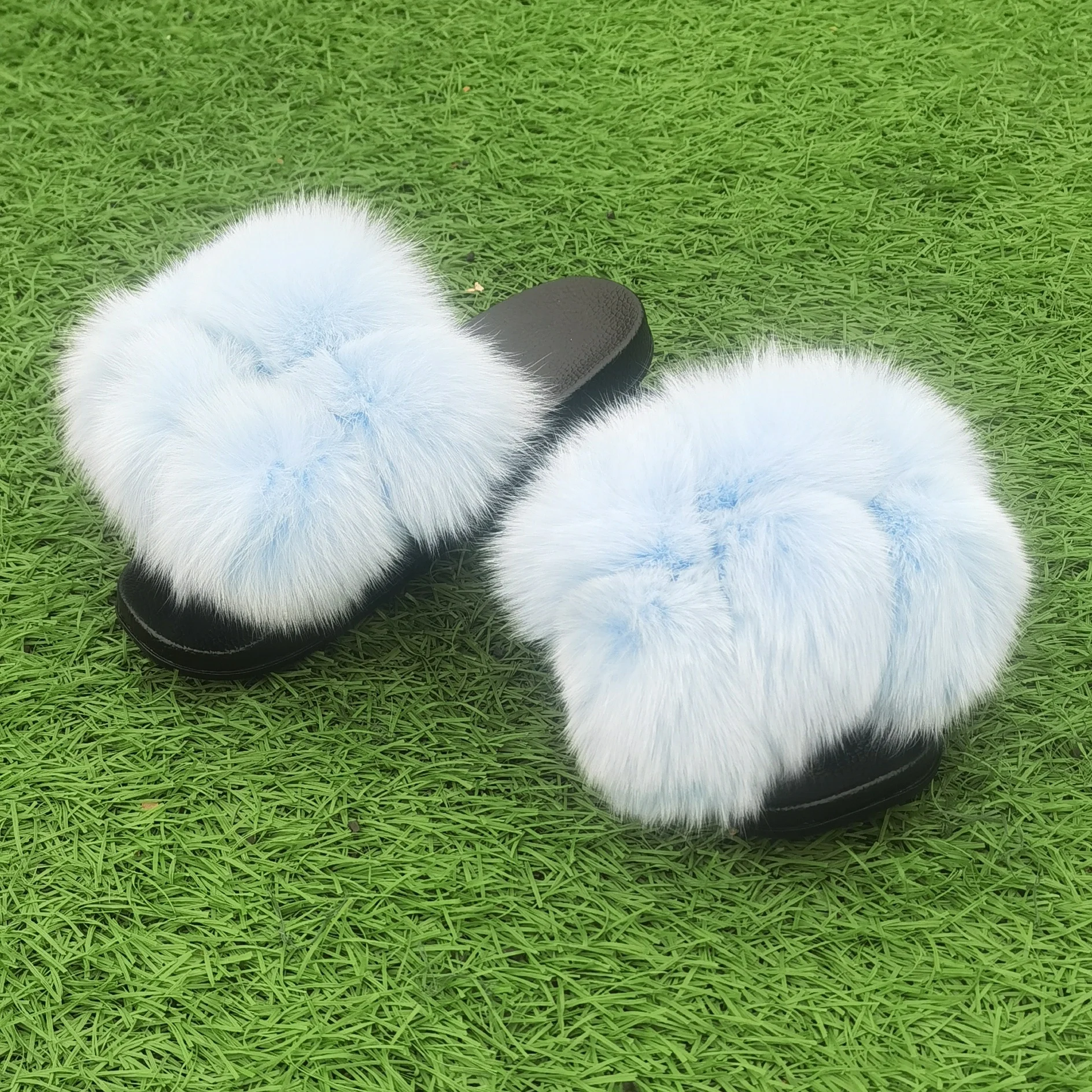 

New design Fox fur sandals girls fashion genuine fur ball slippers women fluffy six ball raccoon fur pom pom slides, Customized color