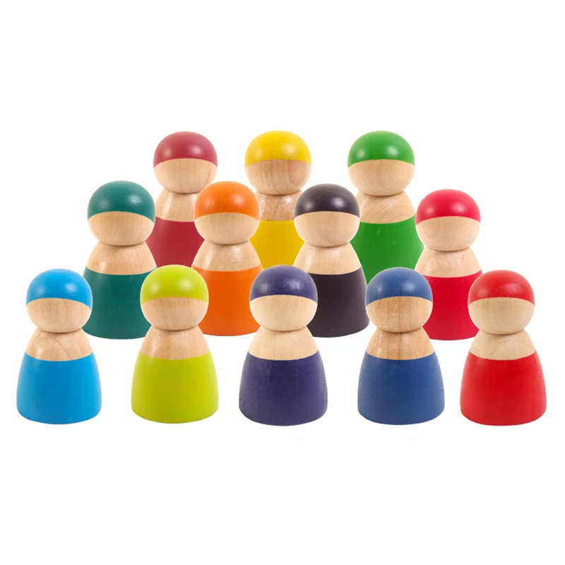 

Montessori Wooden Toys Grimm's 12 Color Rainbow Friends Peg Dolls Wooden Pretend Play People Figures Doll Colorful Blocks Toys