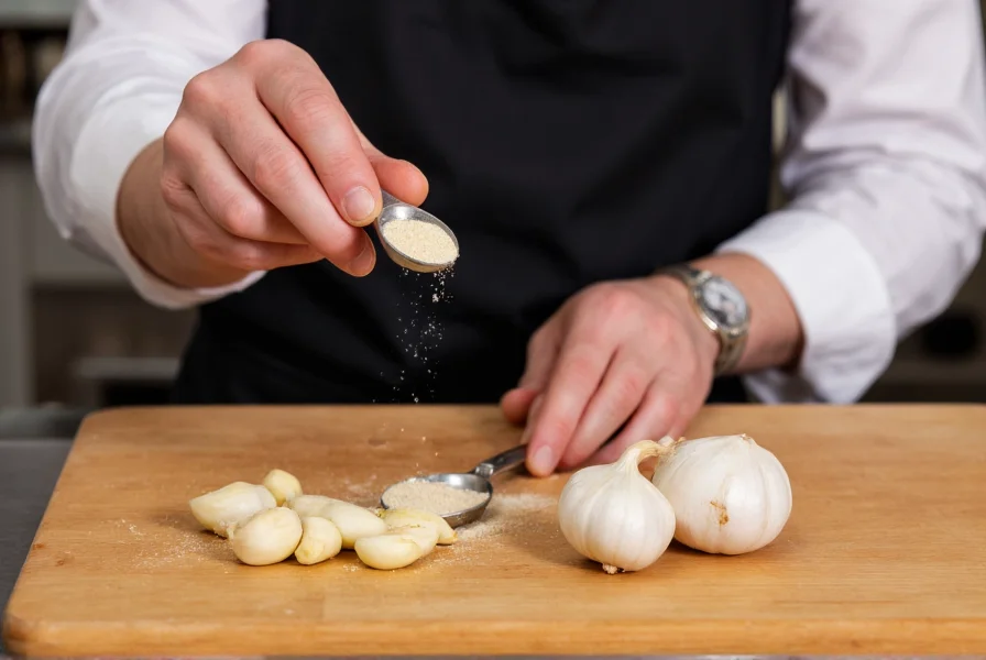 Chef measuring garlic powder into a spoon next to fresh garlic cloves on a wooden cutting board