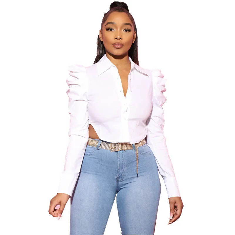 

Women Clothing New Blouse Irregular Designs Long Sleeve Crop Top Turn Down Collar Shirts Office Lady Blouses, White/black/yellow