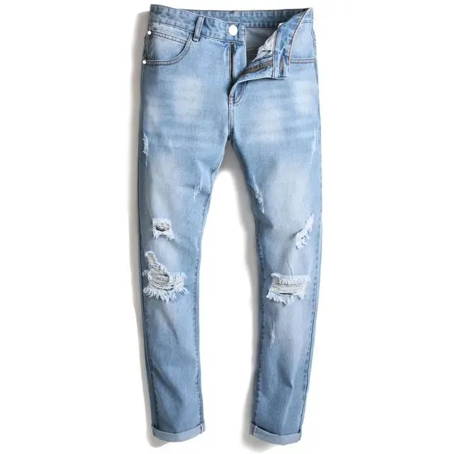 

Fashion Men Solid Ripped Skinny Biker Zipper Fly Jeans Destroyed Hole Frayed Slim Fit Denim Pencil Pants
