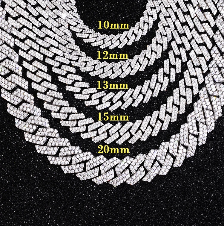 

RTS Variety Sizes 8-20mm Wide 2Rows Iced Out 925 Silver Necklace Set D/VVS Moissanite Diamond Cuban Link Chain