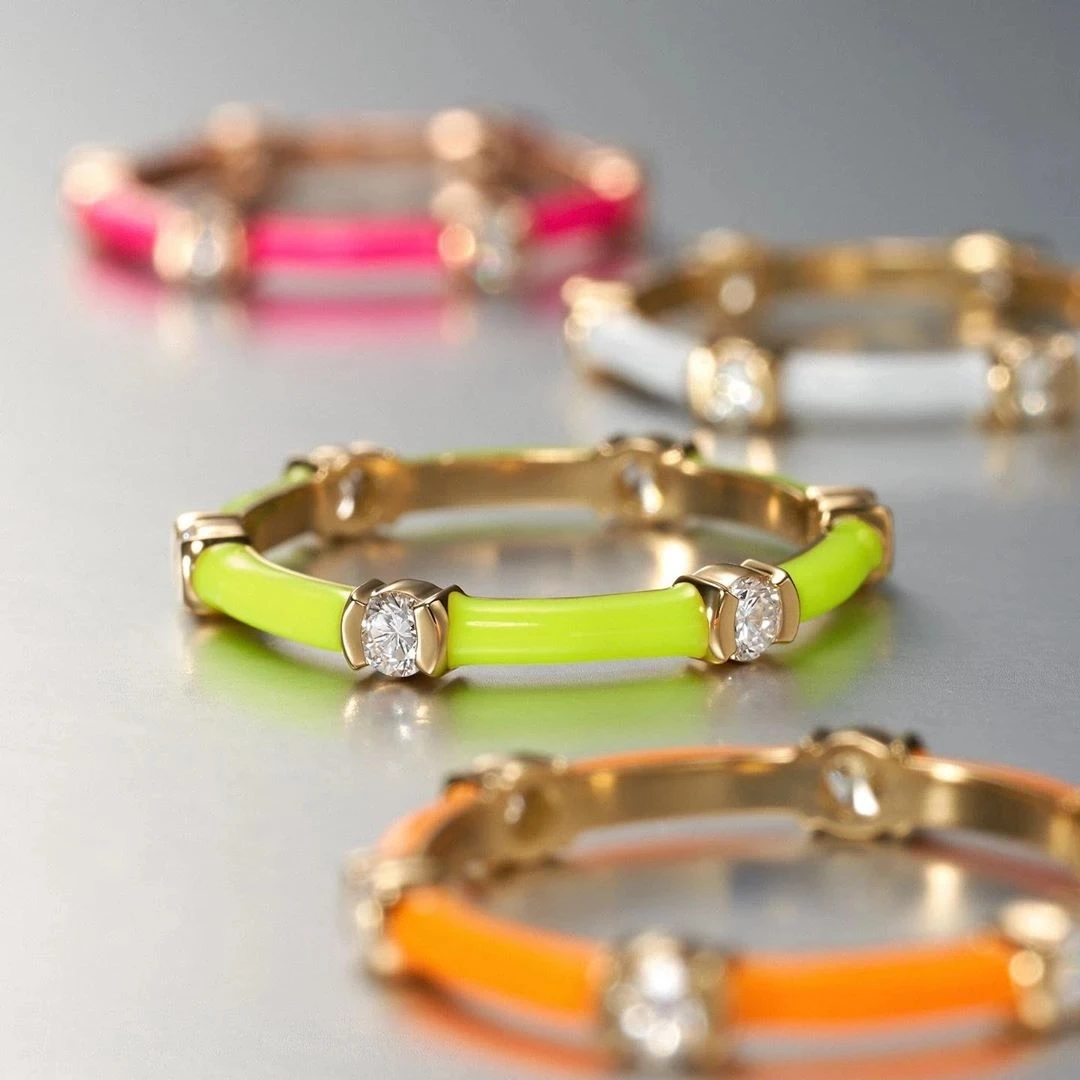 

Wholesale Colorful Enamel Gold Color Band Ring Neon CZ Stack Stacking Finger Rings For Women Girl