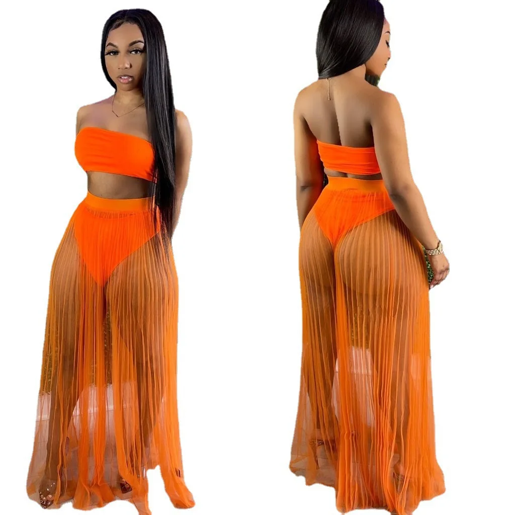 

Women Sexy Mesh See Through Two Piece Set Summer Outfits Strapless Crop Tops And Long Maxi Skirt Beach Matching Sets C13818