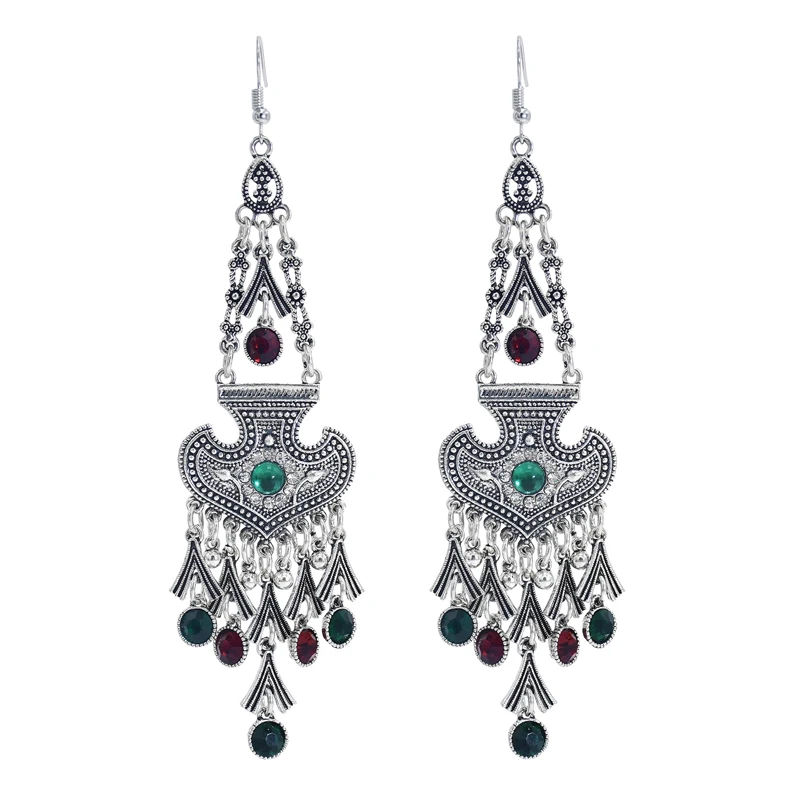 

Retro Silver Plated Bridal Geometric Cubic Zirconia Rhinestone Crystal Tassel Wedding Chandelier Earrings Party Jewelry, Blue,red,colorful