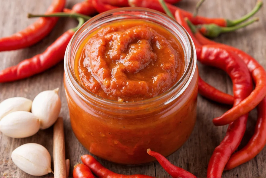 Close-up of homemade garlic chili paste in glass jar with fresh red chilies and garlic cloves beside it