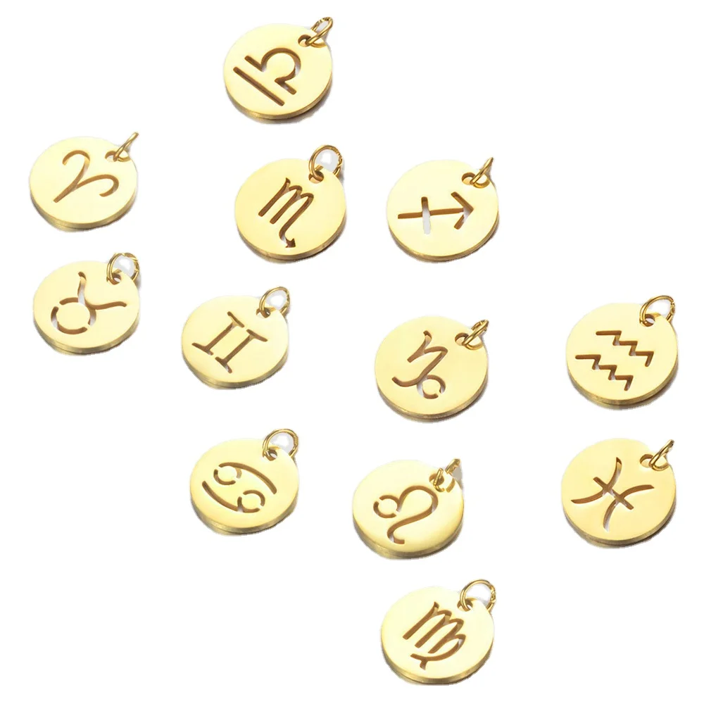

eManco 13MM round hollow out 12 Zodiac Sign Coin accessories 316L titanium steel 14K gold plated accessories DIY jewelry