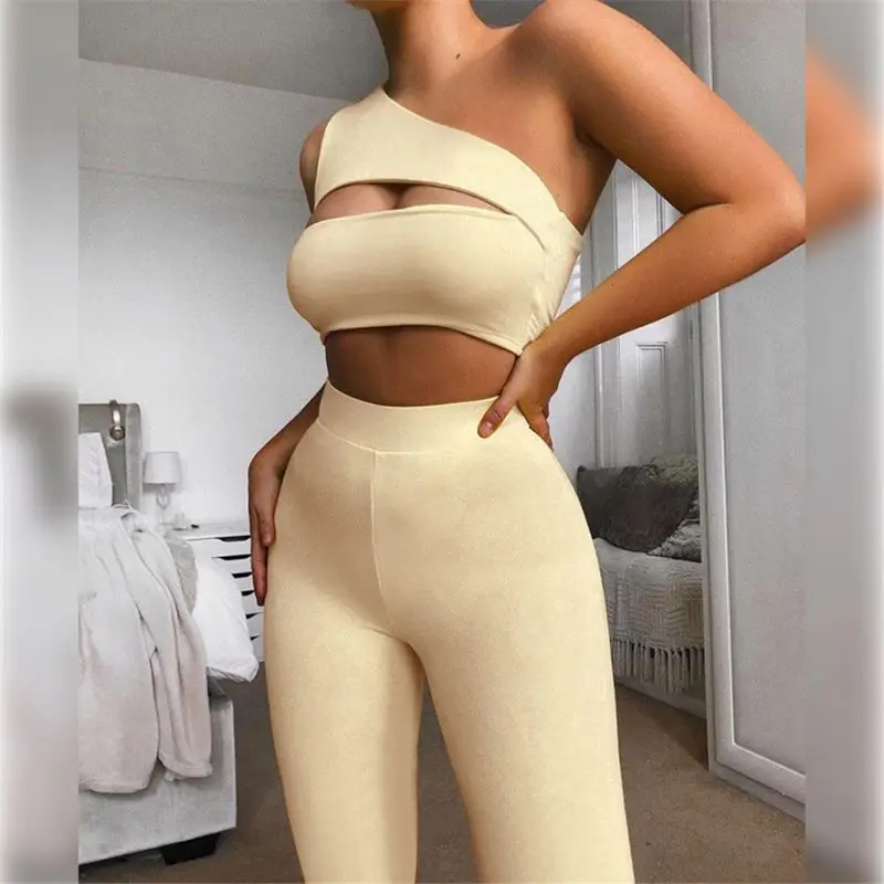 

K21s02209 Soild Hollow Out Long One Shoulder 2 Piece Set Women Two Piece Pants Set
