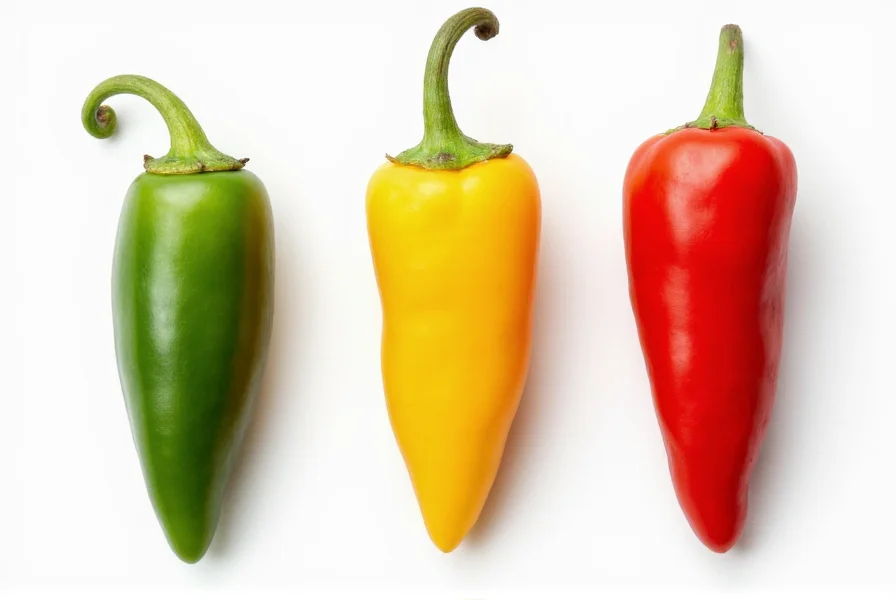 Comparison chart showing serrano pepper next to jalapeño and habanero for size and color reference