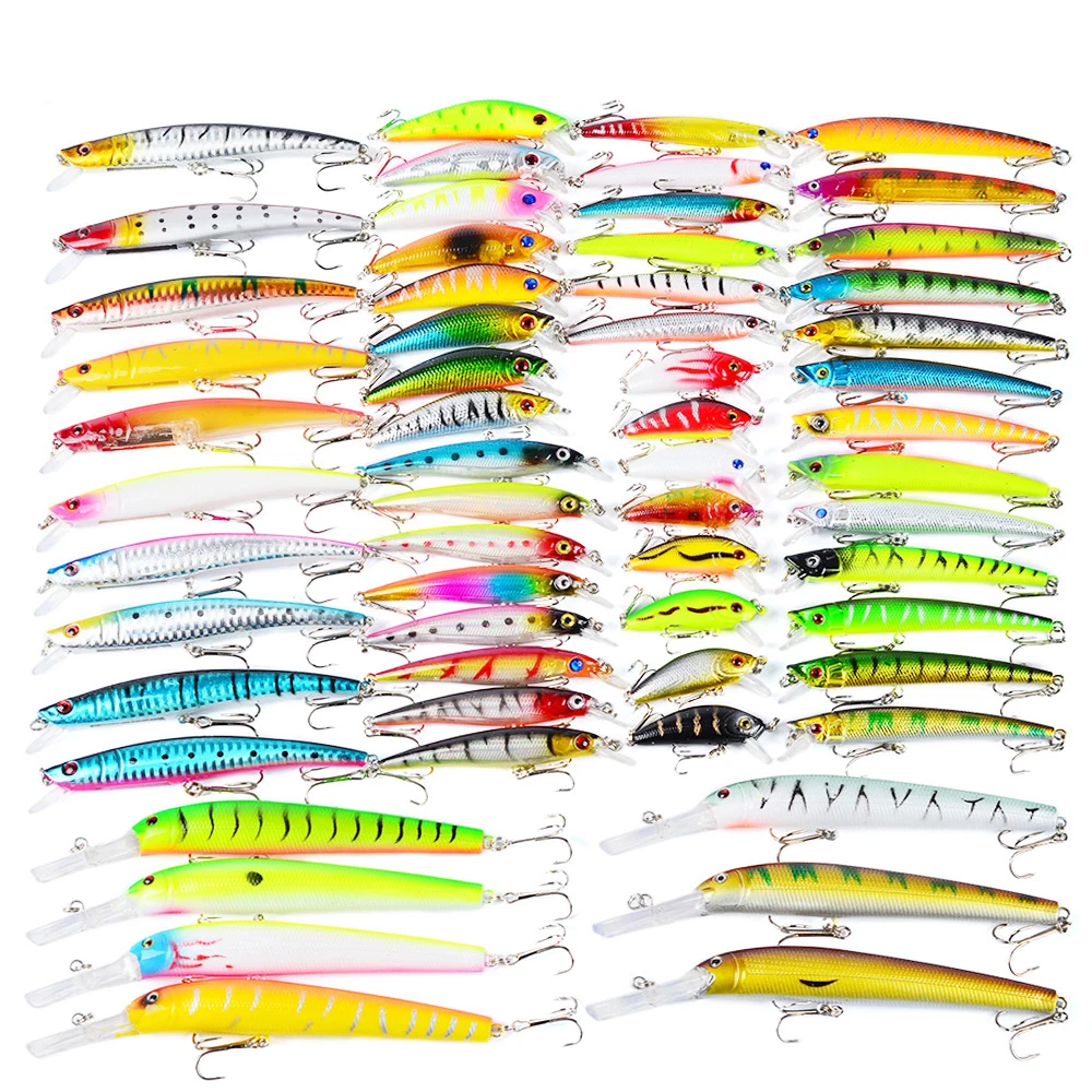 

Fishing Lures Kit Minnow Lures Floating Water Simulation Bait Hard Bait Fishing Tackle Products 60pcs/set, Vavious colors