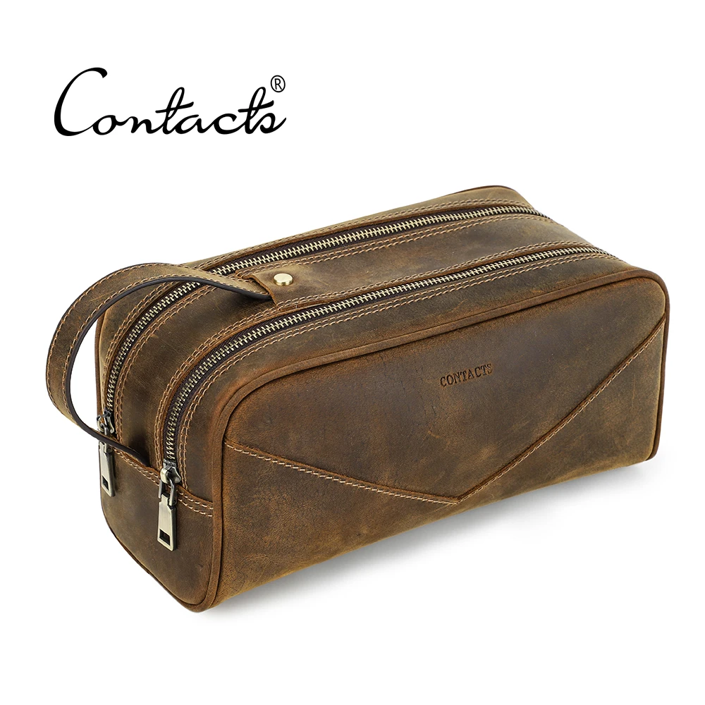 

Doulble Zipper Custom Thicker Cowhide Leather Travel Toiletry Organizer Cosmetic Bag for men Vintage Shaving Doppt Kit, Light brown and dark coffee