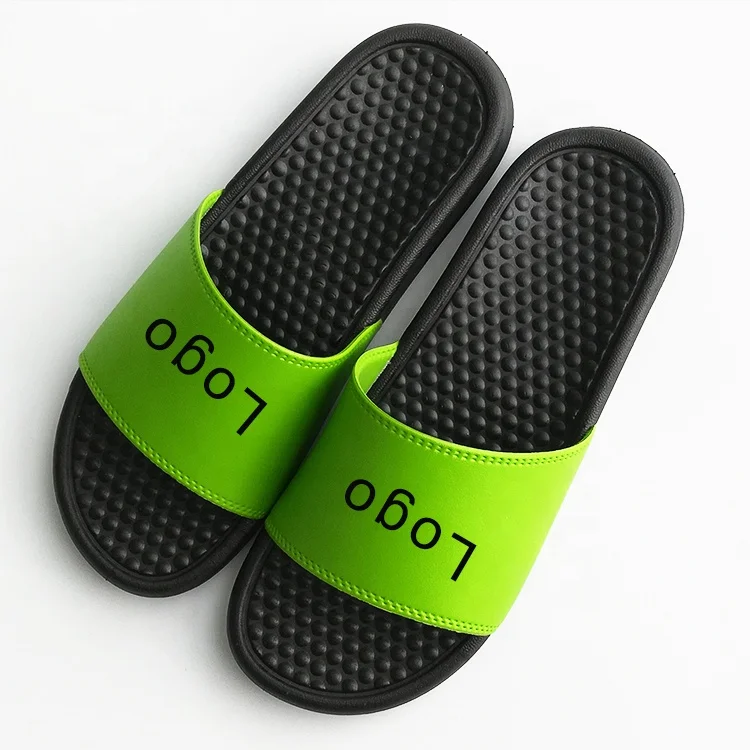 

PVC upper Printed Embossed Logo Slipper Massage Sole Slides Men Women Bulk Green Black Sandals