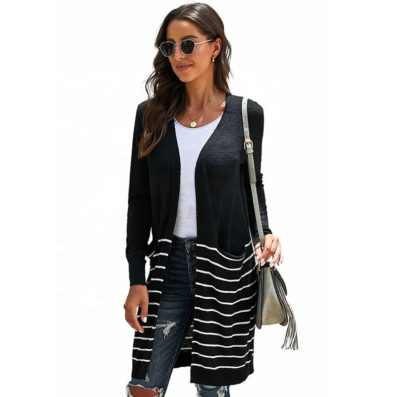 

2021 In Stock Loose Sweater New Black Casual Femme Open Long Sleeve Knit Striped Cardigan Women