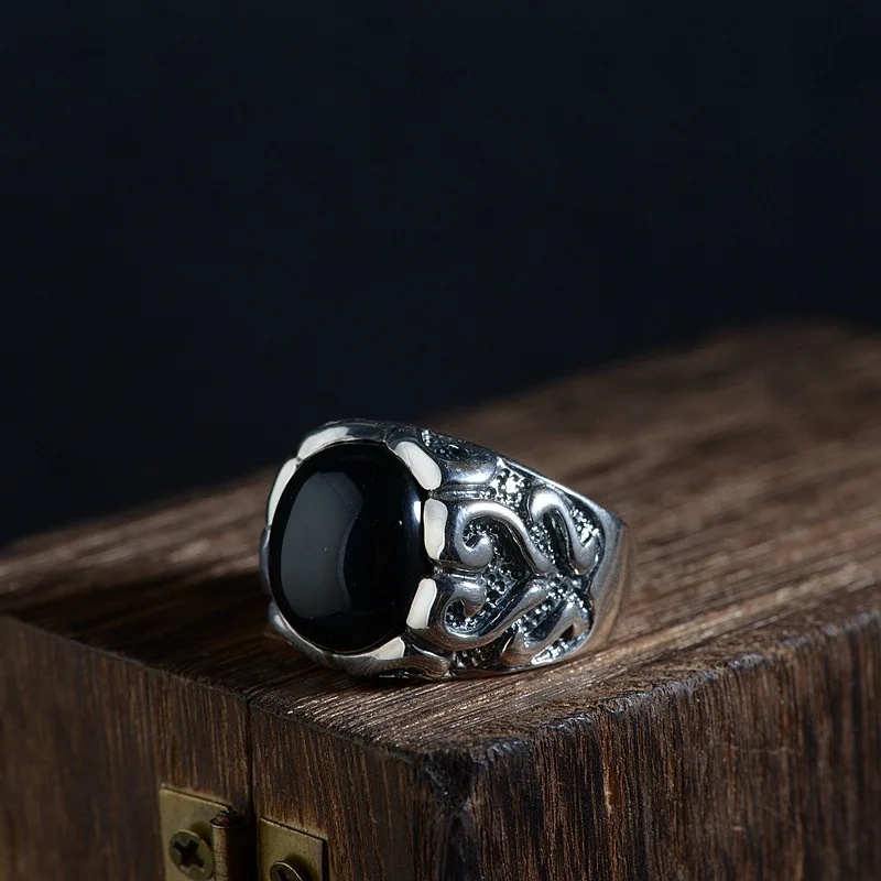 

925 Silver Vintage Craft Silver Jewelry Ring Men's Thai Silver Inlaid Black Agate Ring