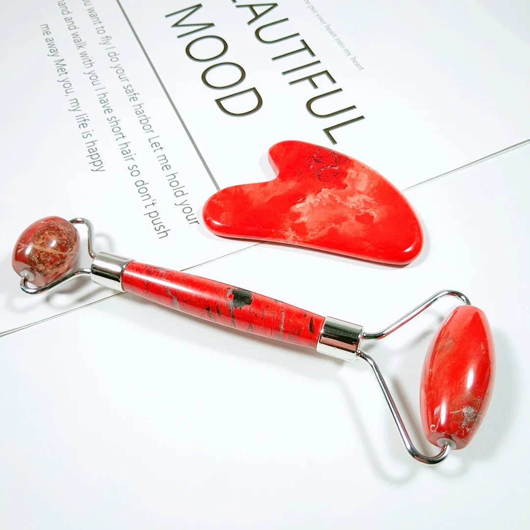 

Red jasper Jade Roller Gua Sha Scraping Massage Tool Set Natural Jade Promote Blood Circula