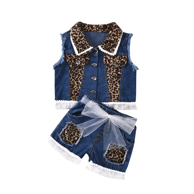 

New design leopard print sleeveless denim fashion top with matching shorts little girls boutique clothing set, As picture show