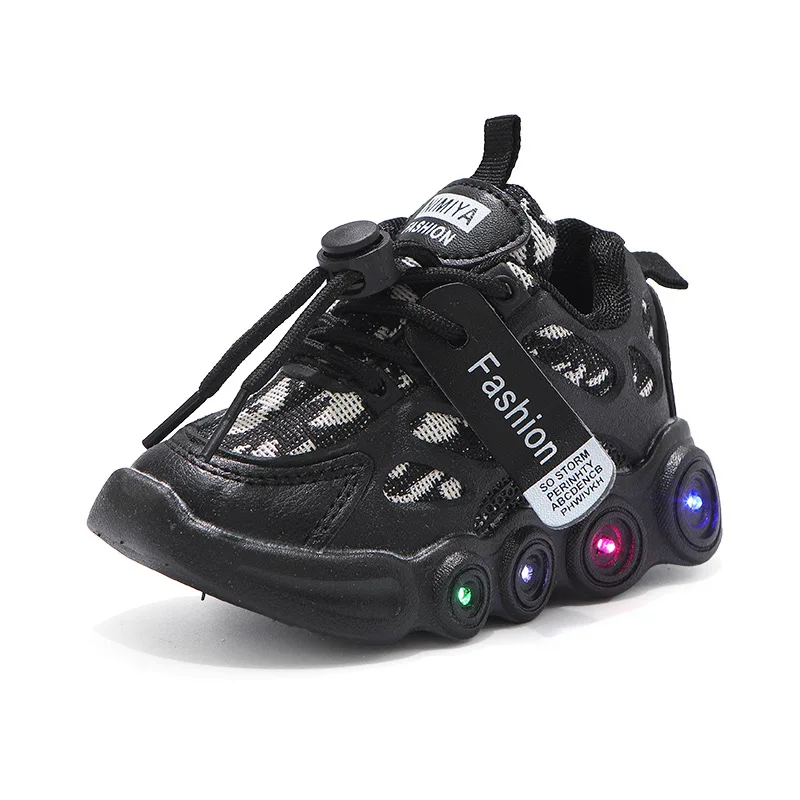 

New LED Children Glowing Shoes Baby Luminous Sneakers Boys Lighting Running Shoes Kids Breathable Mesh Sneaker Krasovki Luminous, Khaki black white