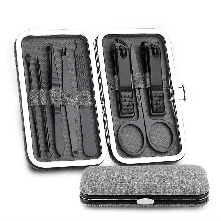 

Black Stainless Steel Manicure Pedicure Set Men Grooming Kit 8 pieces with Facric Travel Case, Black/gray/pink