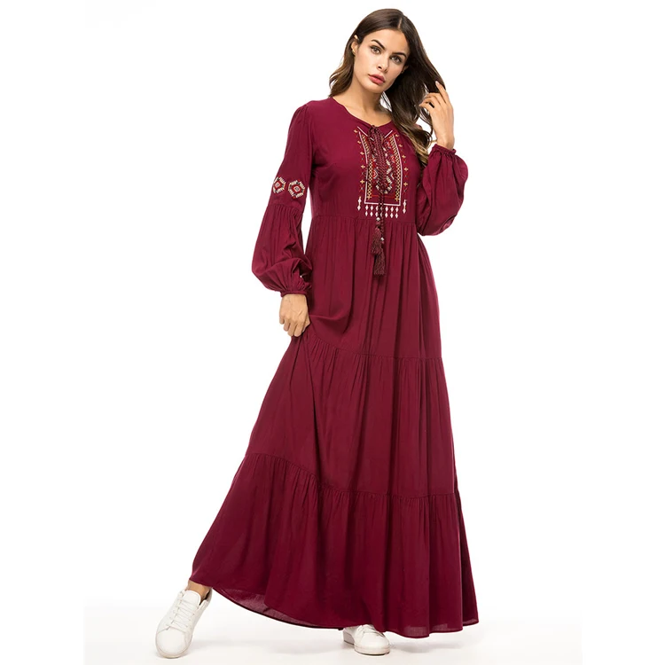 

Wine Red Embroidery Cotton Plain Dubai Turkey Islamic Saudi Arabic Kimono Robe Gown Women Muslim Abaya Maxi Dress Burqa Clothes