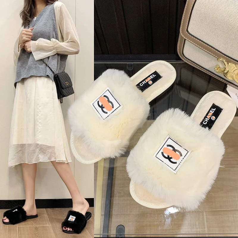 

Fur Slippers Ladies 2021 New Outdoor Fashion Rabbit Plush Flat Slippers Women Wool Slippers, As photo show