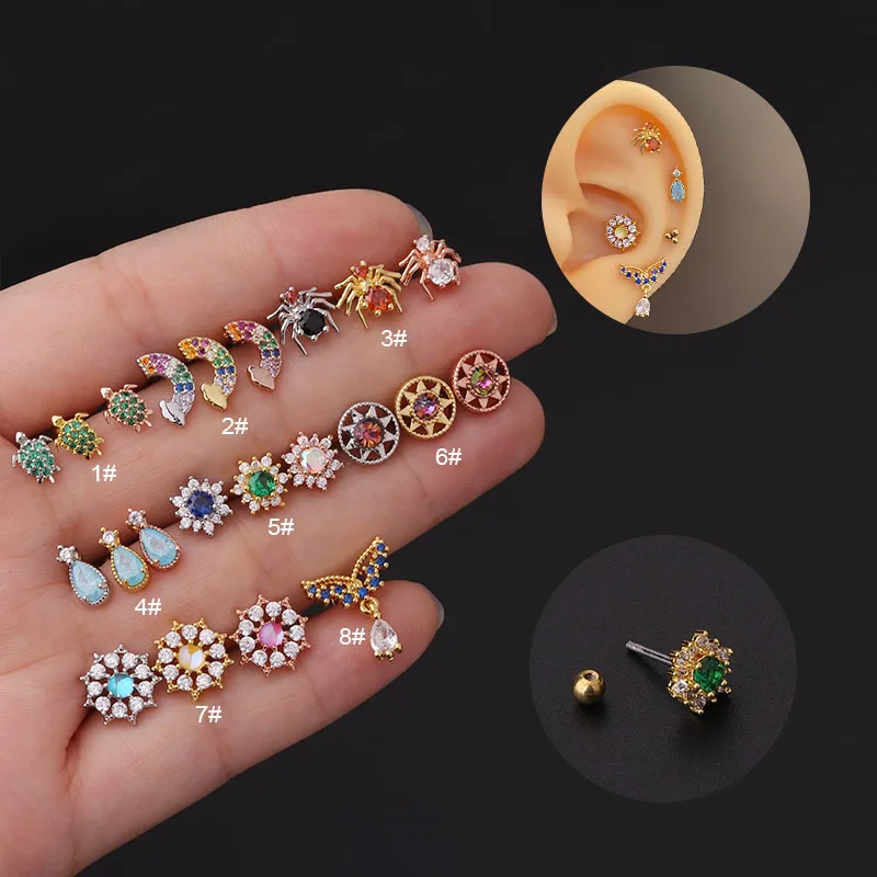 

POENNIS ear piercing jewelry 10 colored zircon fine needle rainbow turtle ear piercing earrings studs, Gold/silver/rose gold