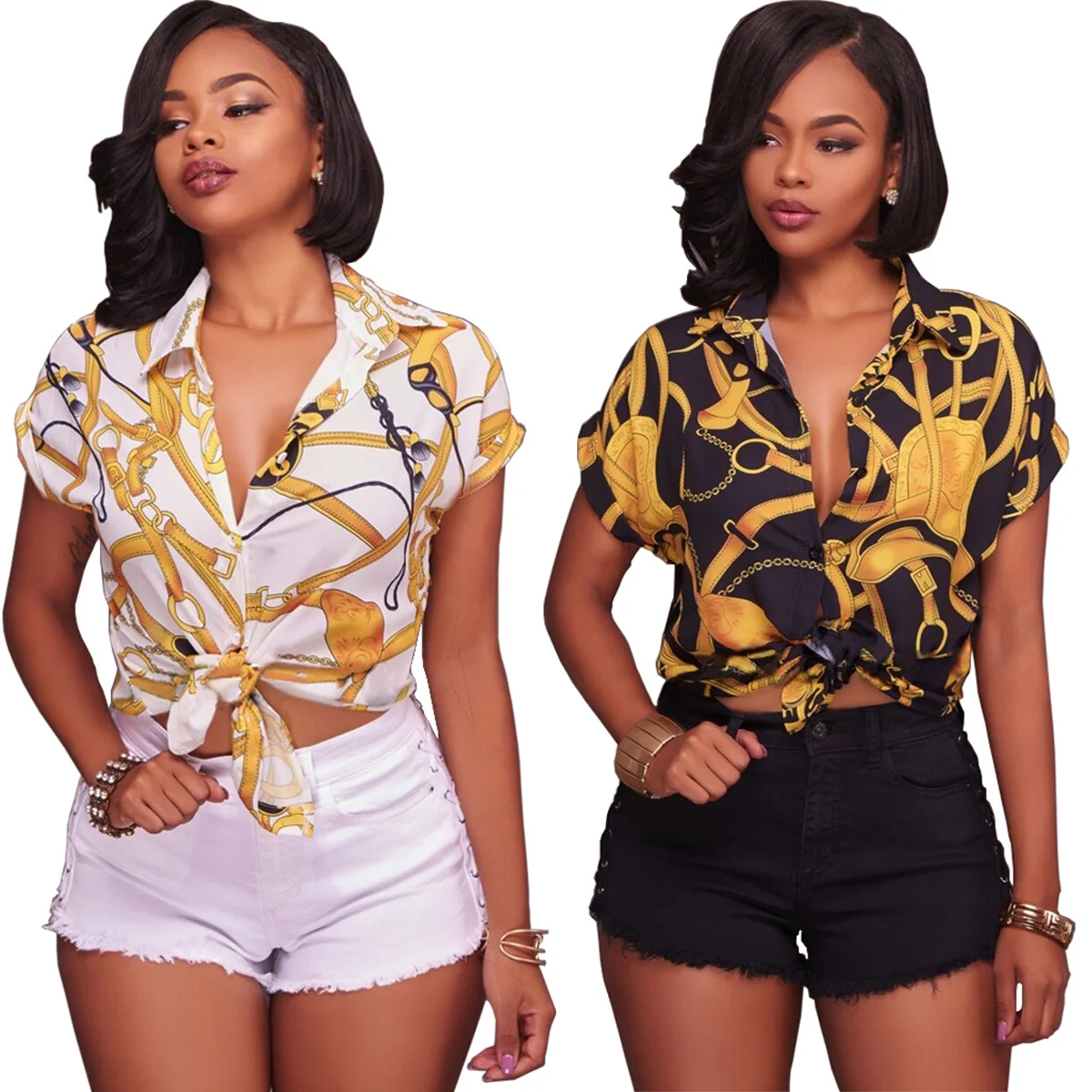 

Raglan sleeve casual blouse female 2019 new tops chain print short sleeve women shirt turn-down collar popular series